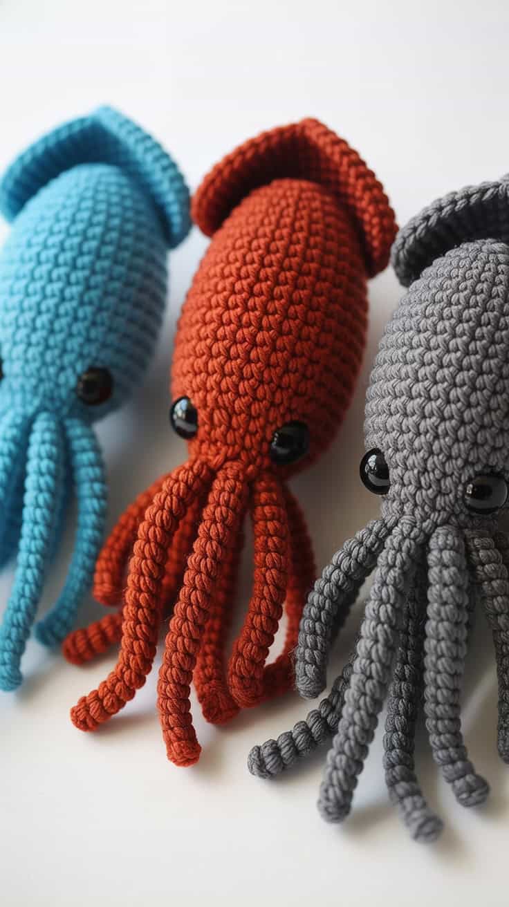 24 Squid Crochet Patterns: Unique Designs for Ocean-Loving Crafters 25 a close up photograph of three