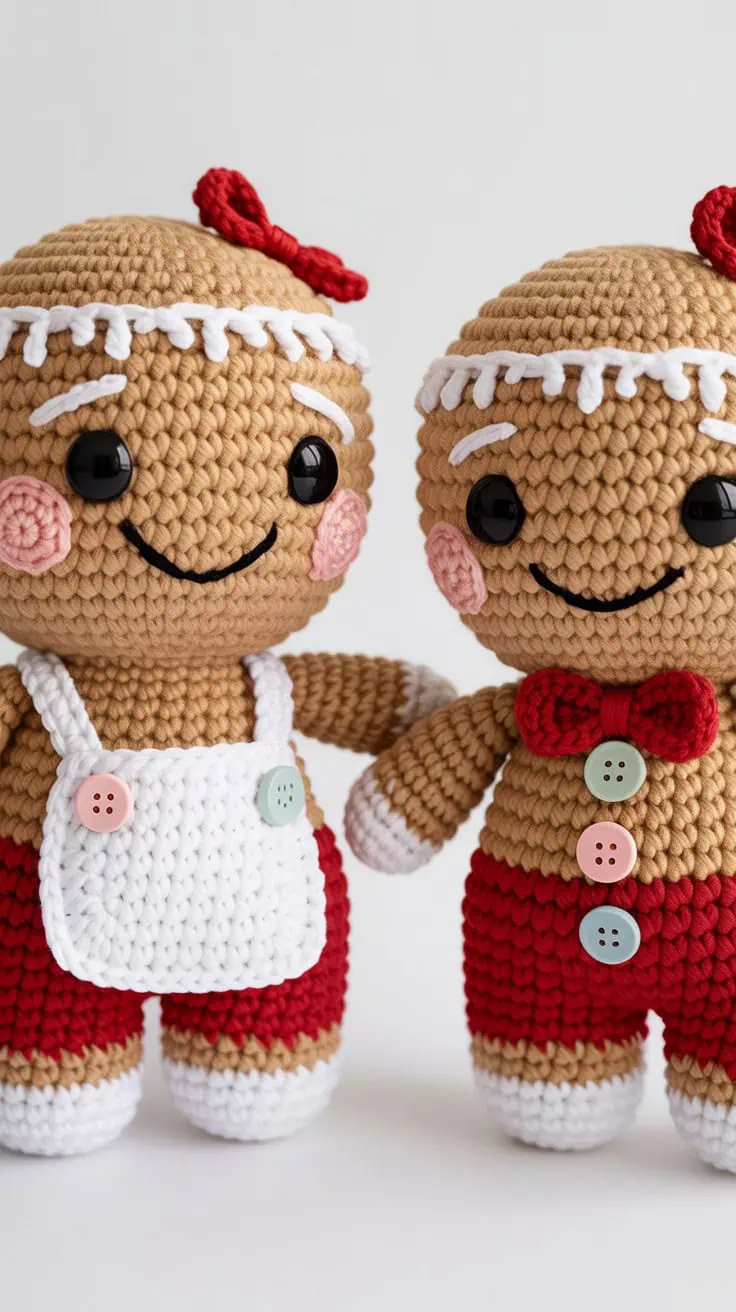 18 Gingerbread Man Crochet Patterns: Make Your Holidays Extra Cozy! 7 a close up photograph of two crocheted