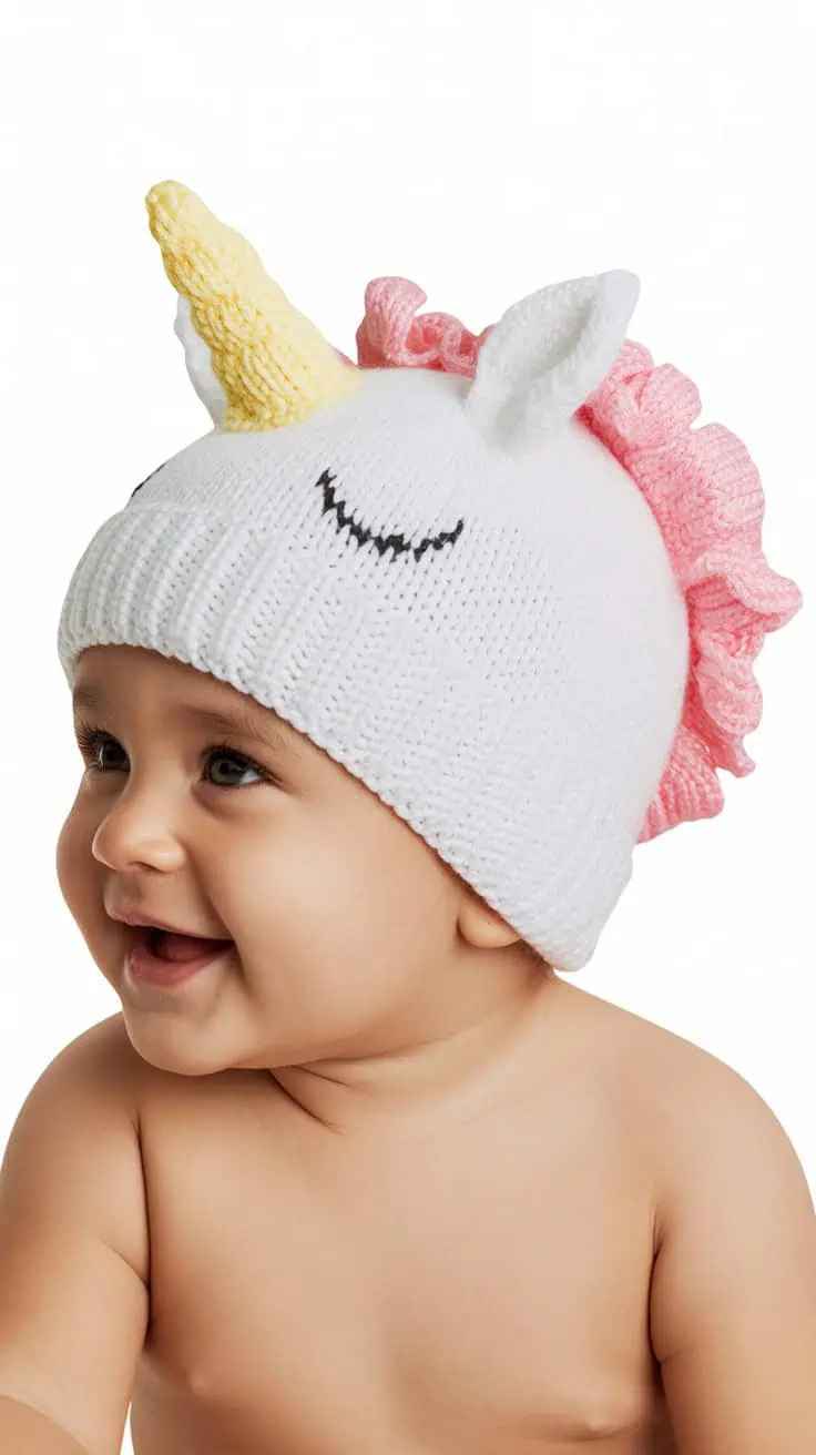 22 Unicorn Hat Crochet Patterns: Create Magical Hats for All Ages 28 a close up photograph of a smiling baby WWfwSi2cQj 57QVTAw