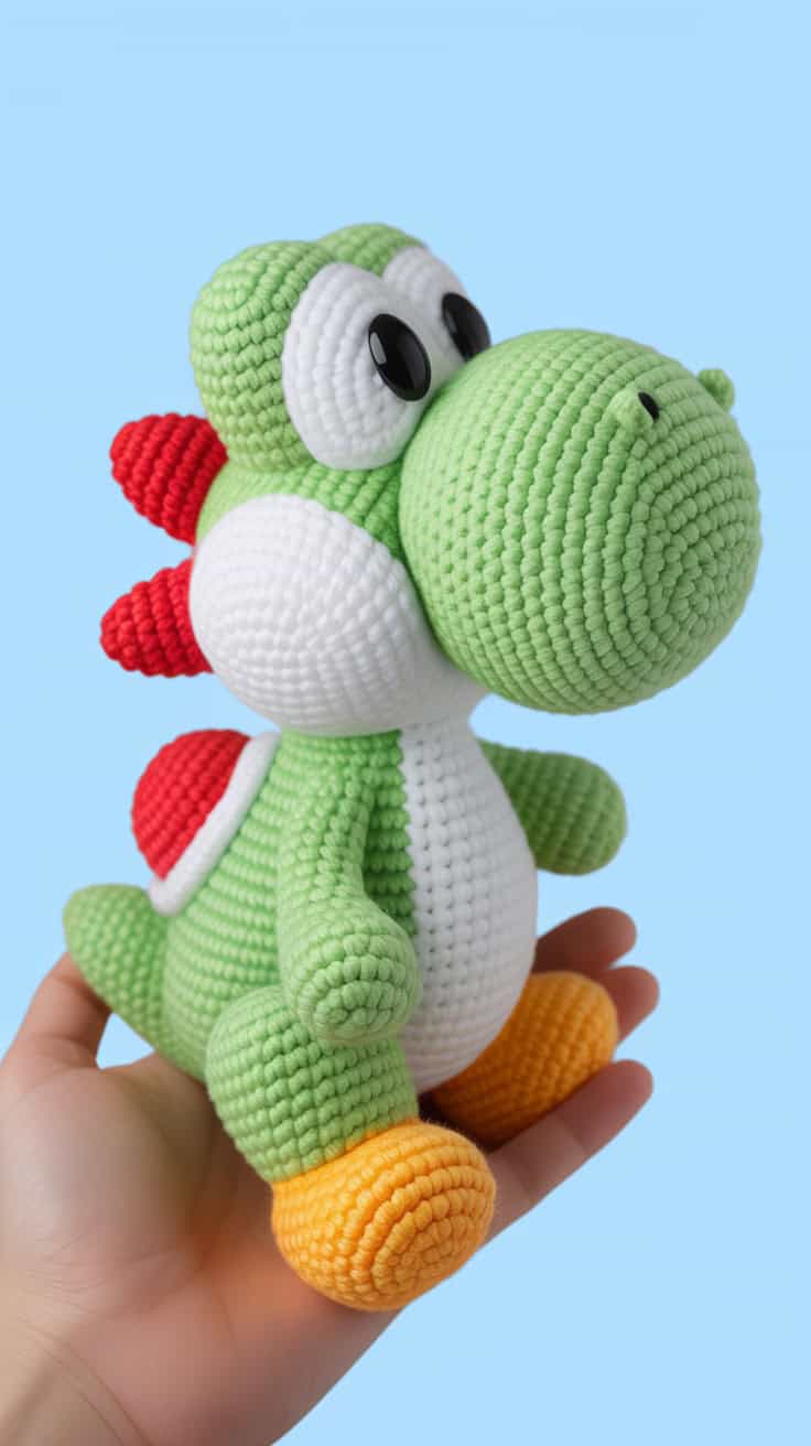 a handcrafted crochet yoshi plush toy
