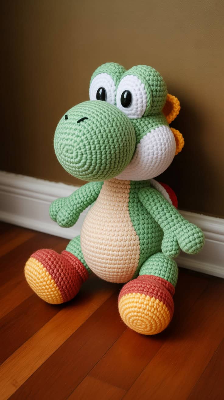 a handcrafted crochet yoshi plush toy