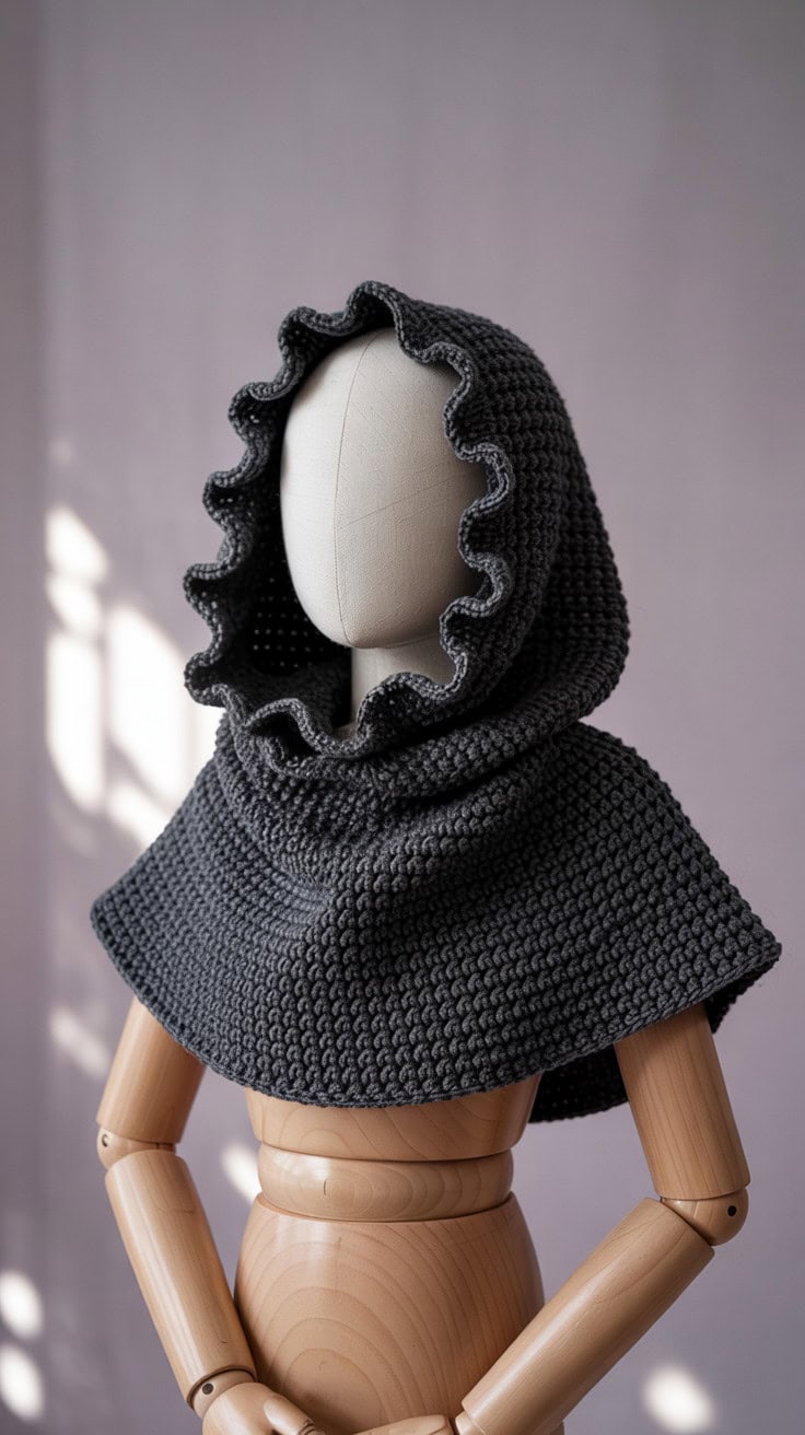 26 Neck Warmer Crochet Patterns: Fashionable DIY Projects for Beginners 38 a photograph of a black crocheted hooded iYwEj5TZRziWnNUPMwWHEw GWCi5R5kQ5G gT fOIT7SA
