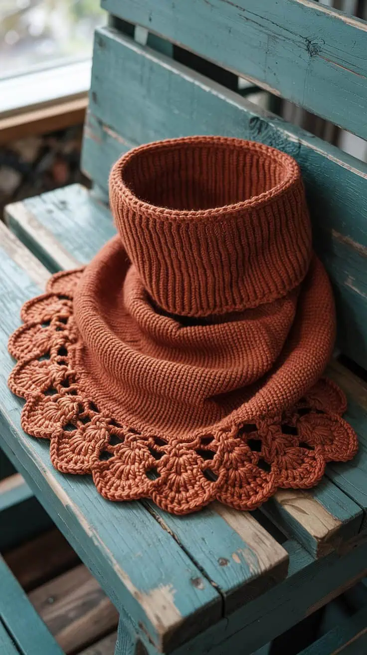 26 Neck Warmer Crochet Patterns: Fashionable DIY Projects for Beginners 24 a photograph of a rust colored crocheted zMjDMf1ZRkegjE3UwBLerA 6gcM0DNuTr6LX3GAcr Jsw