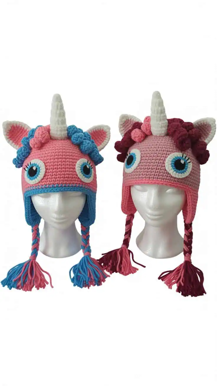 22 Unicorn Hat Crochet Patterns: Create Magical Hats for All Ages 30 a product photo of two unicorn themed