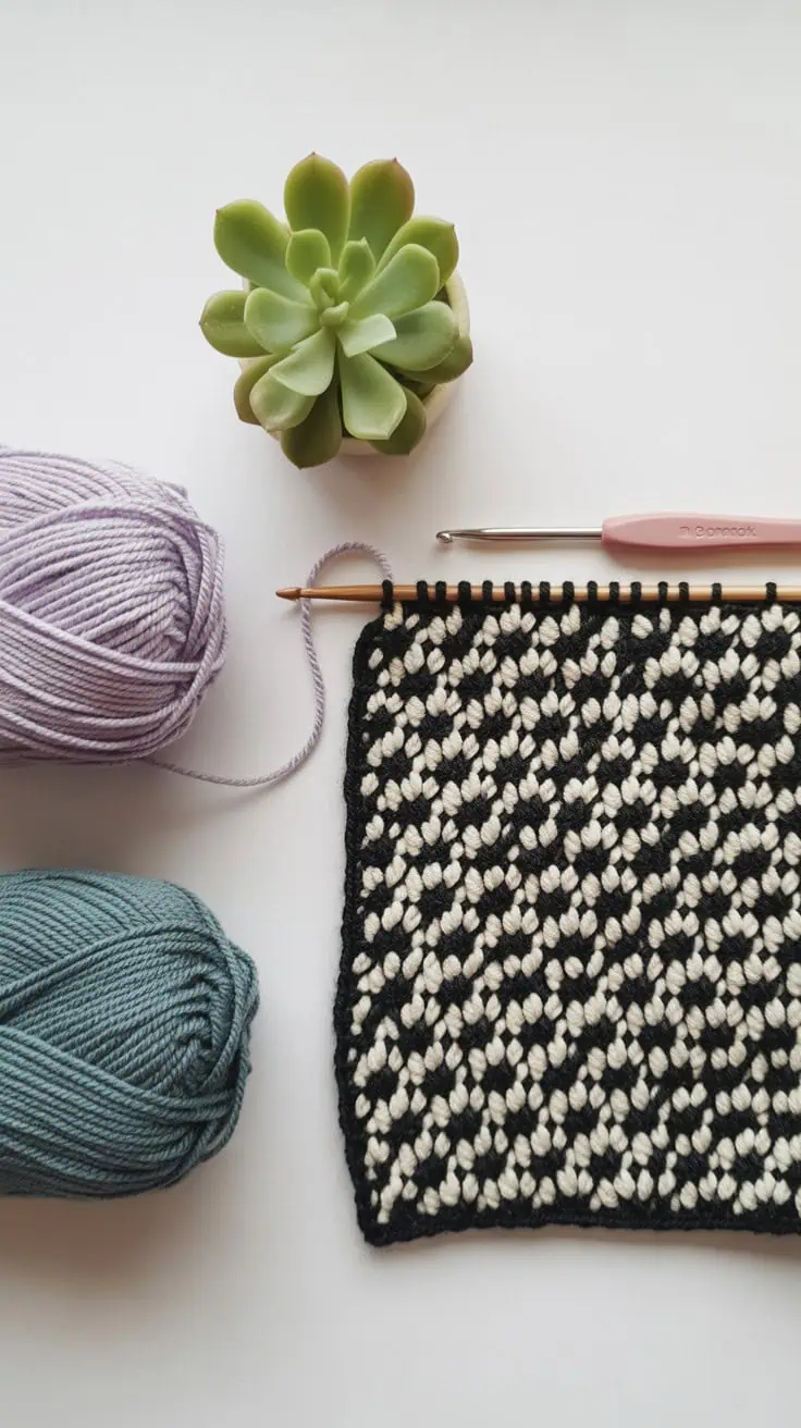 26 Mosaic Crochet Patterns: Boost Your Skills with Vibrant Designs 20 a clean flat lay photograph of knitting