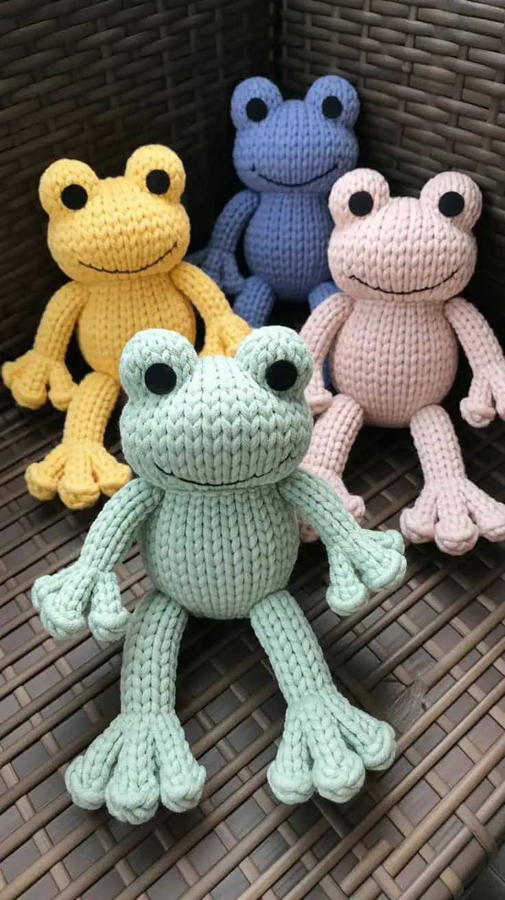 34 Frog Crochet Patterns: Create Adorable Amigurumi for All Crocheters 73 a photograph of four knitted frog toys a mJsnKoCYTk hnsIz5FOgQ