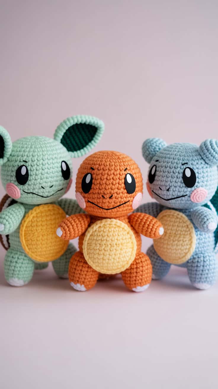 a photograph of three crocheted pokemon lVX0ms 7RhqzC