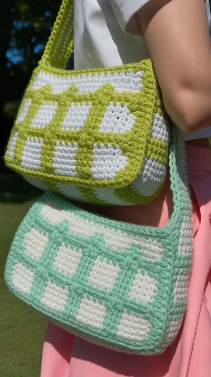a close up photograph of two crocheted