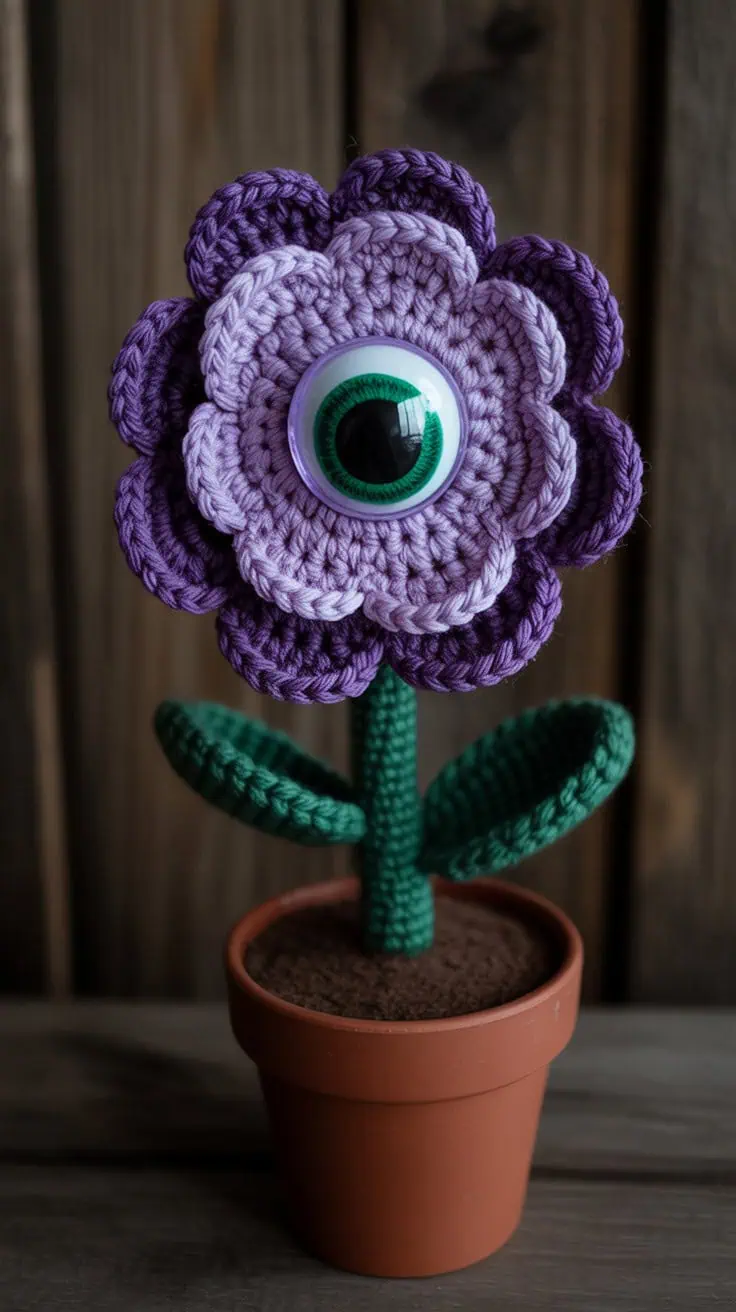 28 Halloween Crochet Patterns: Spooktacular Projects for All Ages 4 a crocheted purple flower with a large g rv1rRr aQ9q q8Nu9VY7dg volMCXGfR ynkNcYrz1lQg