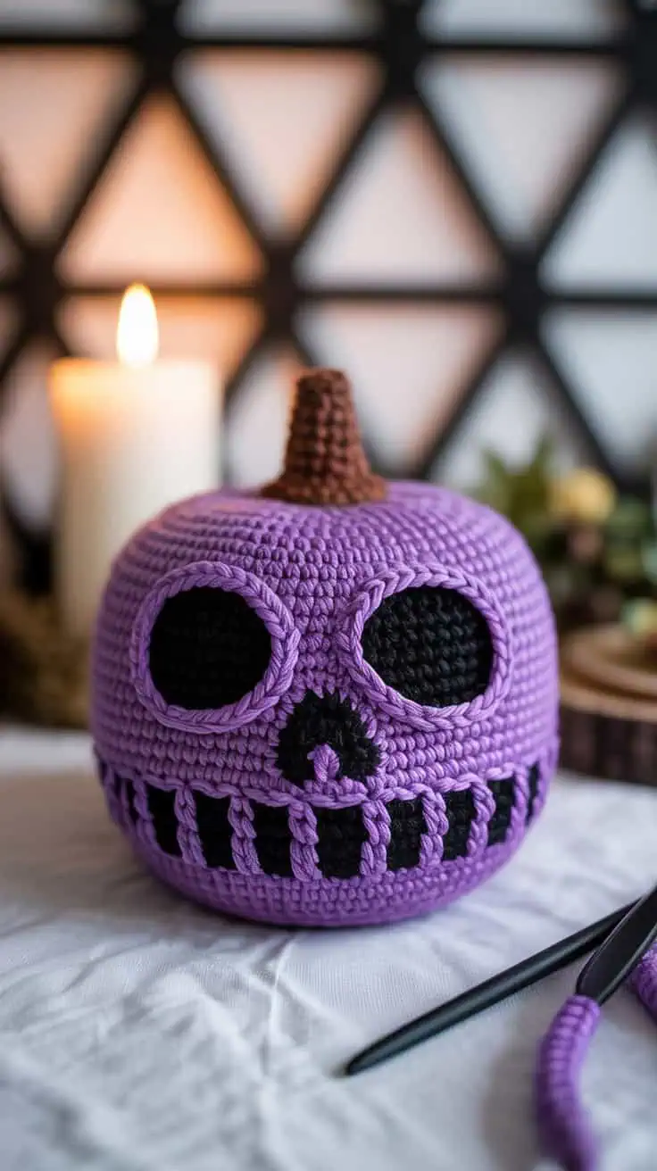 28 Halloween Crochet Patterns: Spooktacular Projects for All Ages 16 a crocheted skull pumpkin decoration in