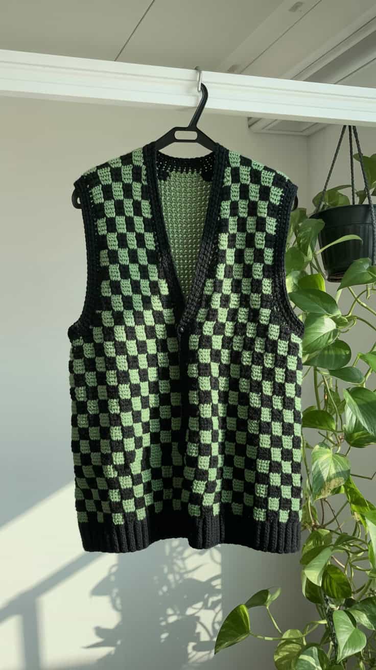 a handcrafted checkered green and black