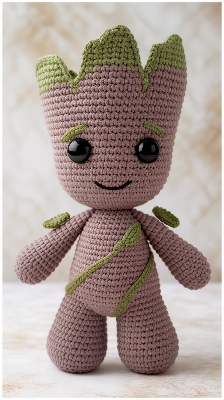 a handcrafted crochet doll of groot