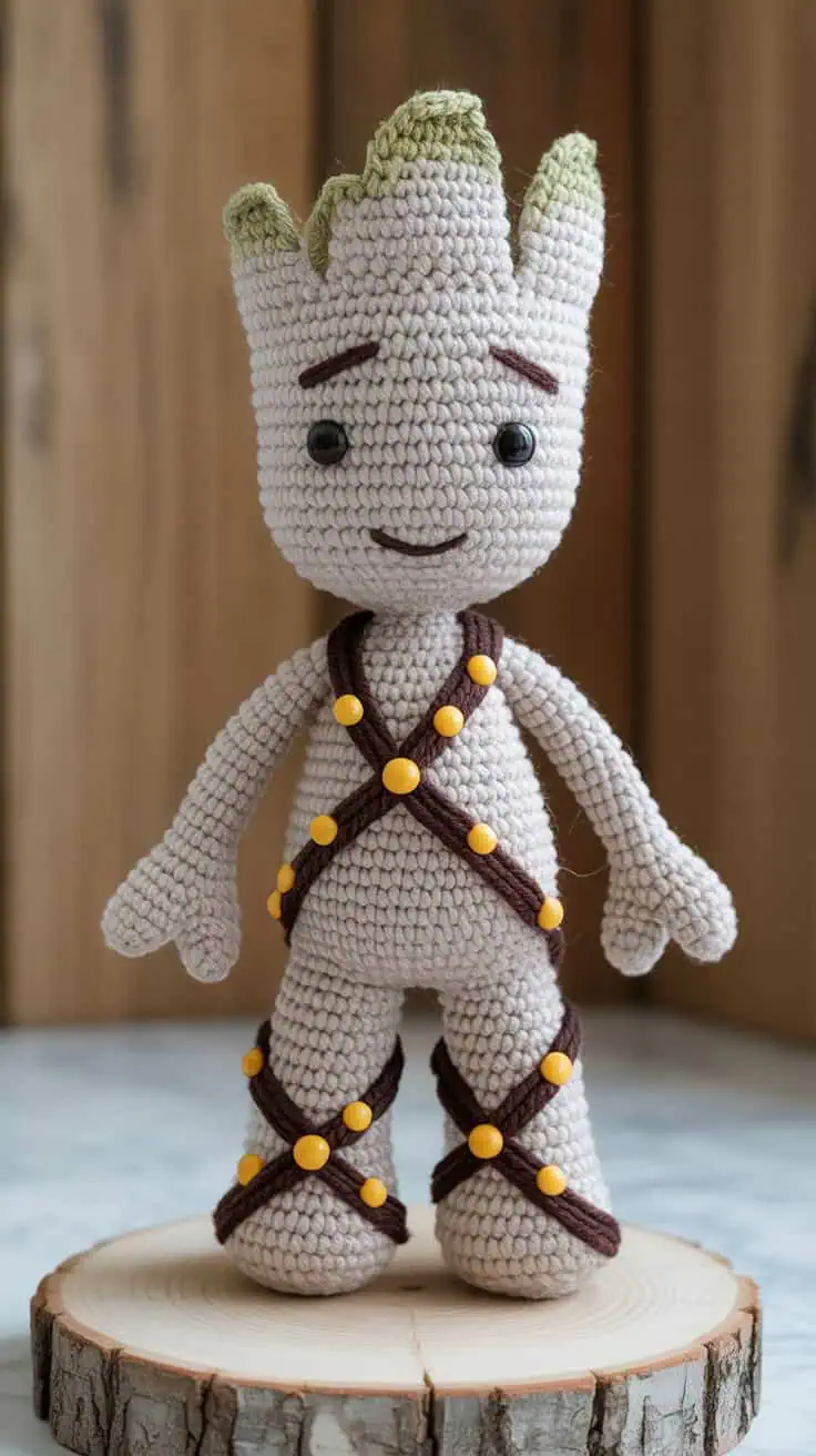a handcrafted crochet groot doll