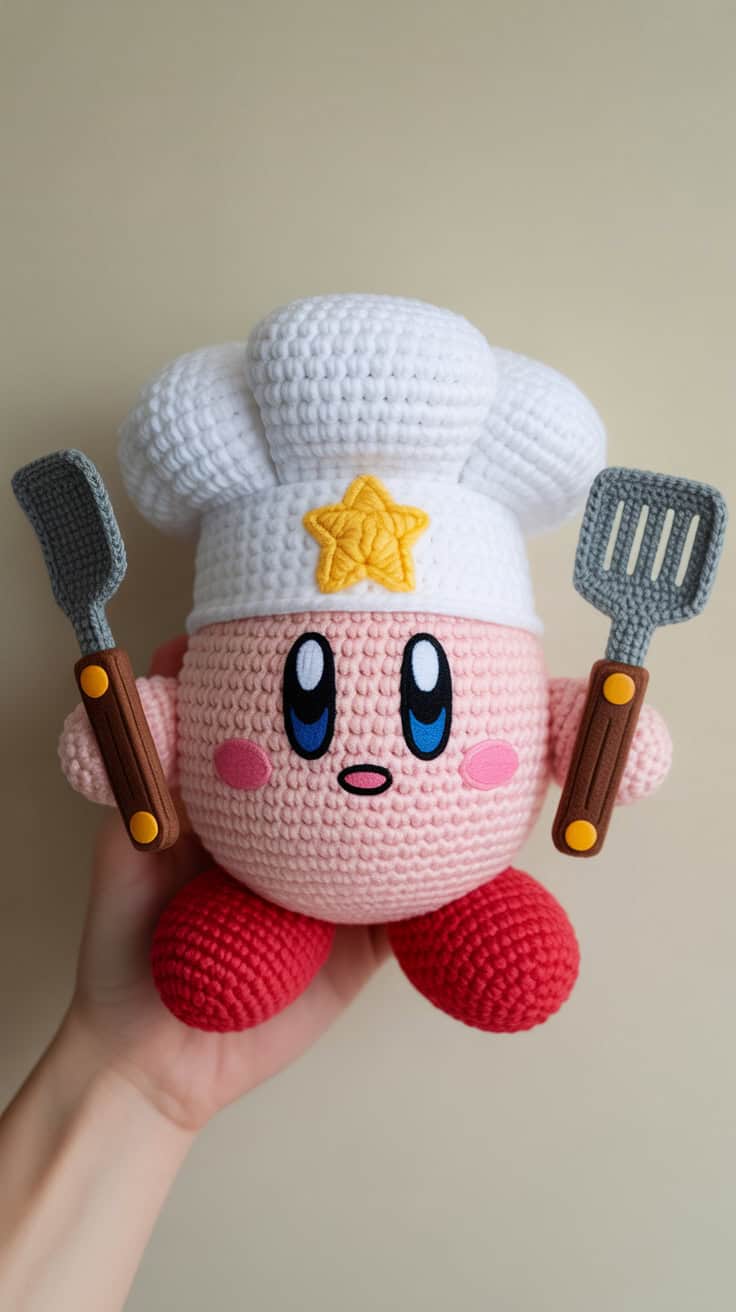 27 Kirby Crochet Patterns: Unleash Your Creativity with Fun Designs! 6 a handcrafted crochet plush of chef kirb zM6mT98DTnW zeCkIMMTvA nTnfqNfZSWeyZh5g2JpTeg