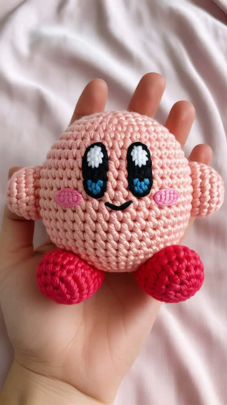 27 Kirby Crochet Patterns: Unleash Your Creativity with Fun Designs! 26 a handcrafted pink crochet plush toy in