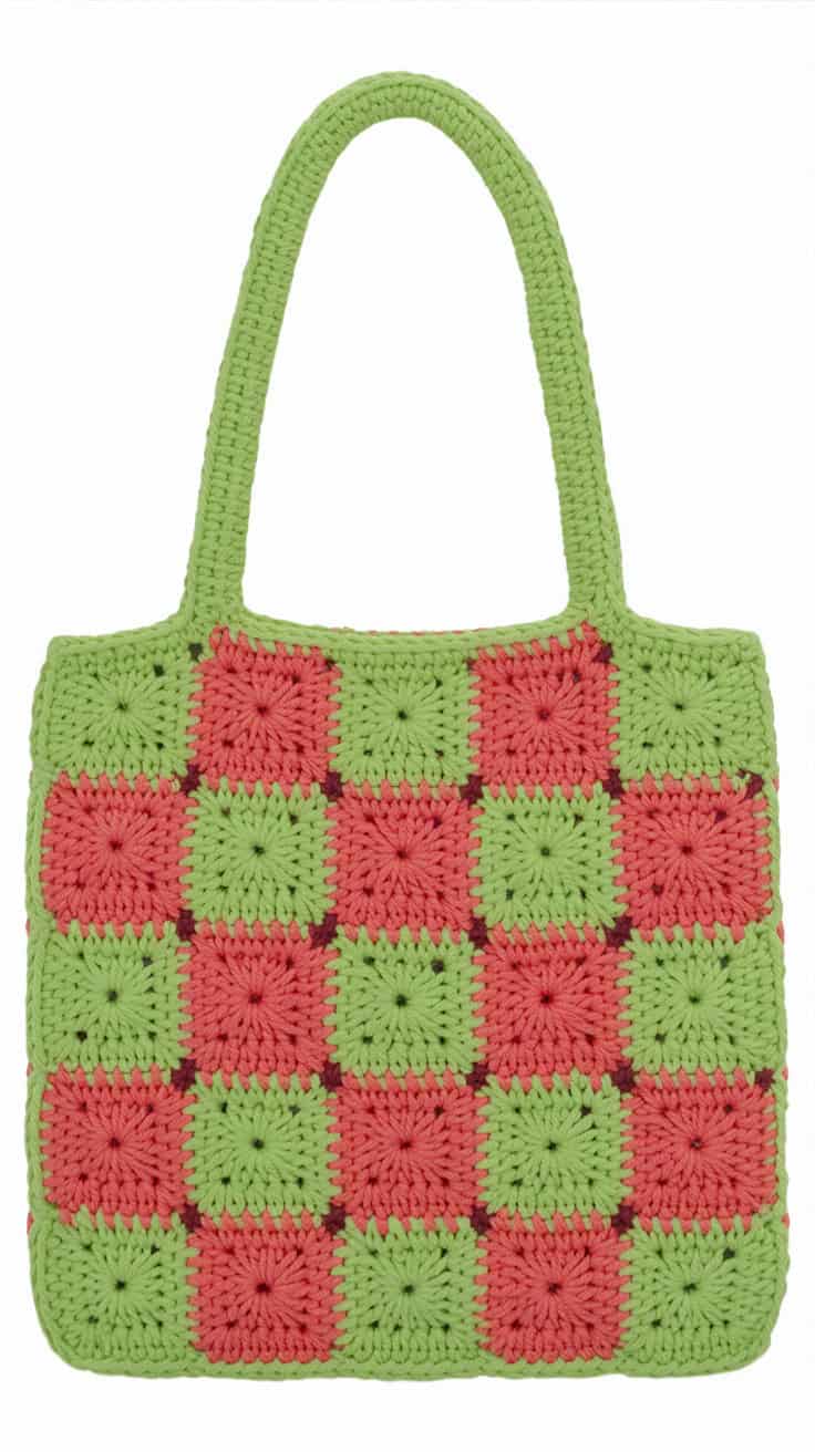a handmade crochet purse with a gingham