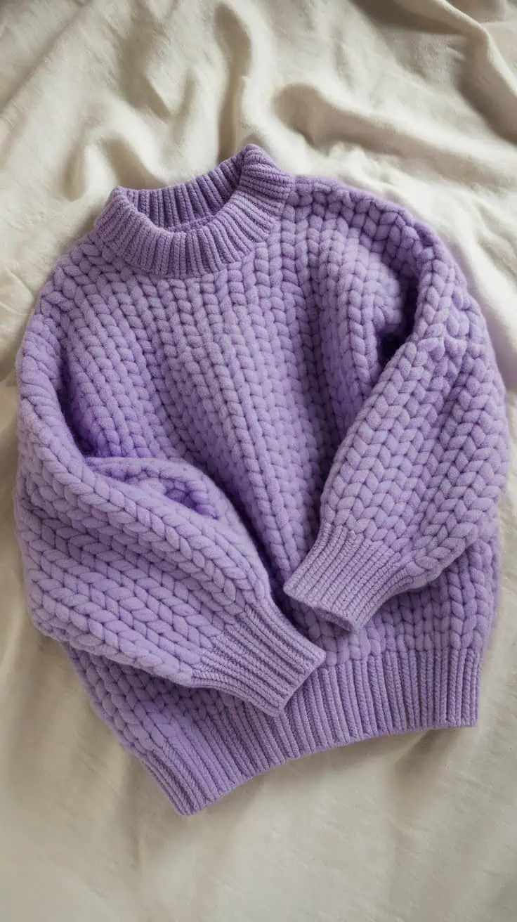 a lavender colored chunky knit sweater