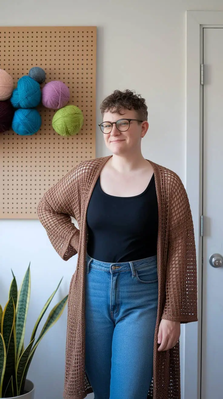 19 Hexi Cardigan Crochet Pattern: Enhance Your Skills with Unique Designs 14 a person standing in a room with a pegbo jShSICiVQdKjsF4uFqcr2Q zPA8 ln8SBCvw9jRs Anhg