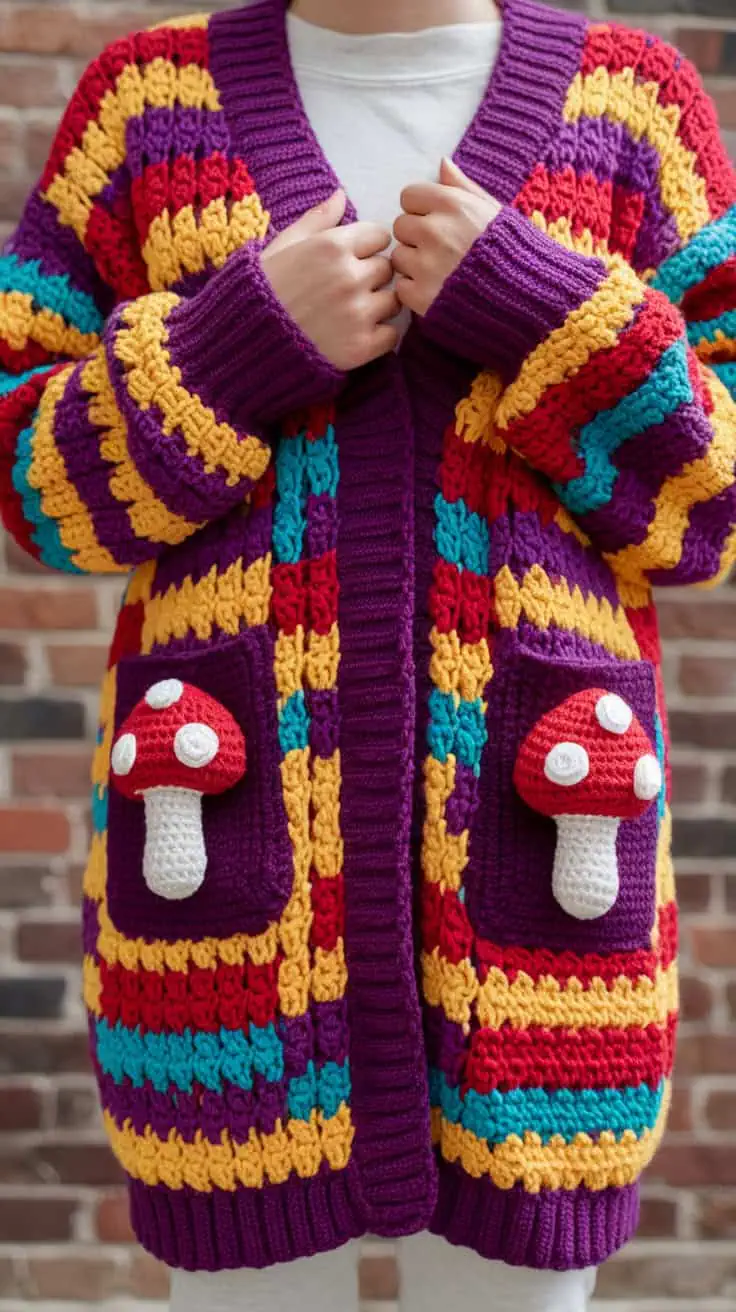 19 Hexi Cardigan Crochet Pattern: Enhance Your Skills with Unique Designs 10 a person wearing a vibrant hand knitted S8i3fVD1SmaPYCyOhfOCrg EQARMVwKTDy60JPHa7HY6g