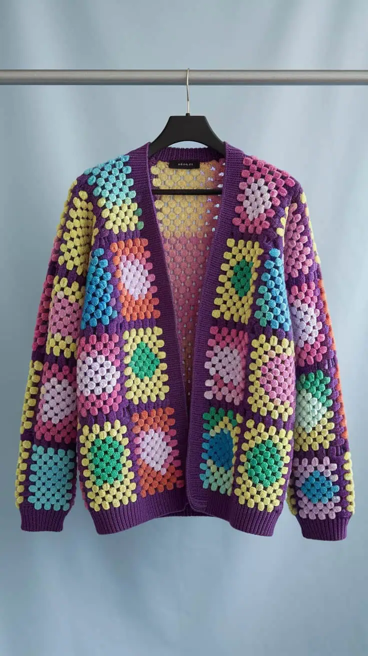 19 Hexi Cardigan Crochet Pattern: Enhance Your Skills with Unique Designs 8 a vibrant hand knitted cardigan hanging