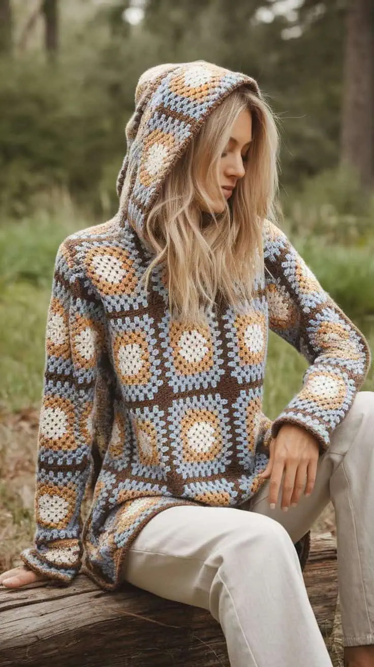 19 Hexi Cardigan Crochet Pattern: Enhance Your Skills with Unique Designs 32 a woman seated outdoors surrounded by