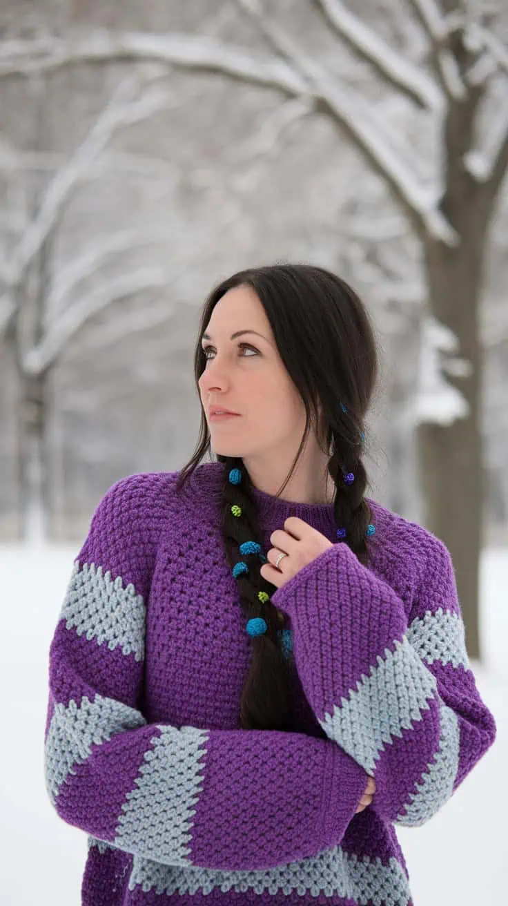 19 Hexi Cardigan Crochet Pattern: Enhance Your Skills with Unique Designs 28 a woman standing outdoors with a snowy l xai2ZIs8RhSse3 6CjWNbw yAoI0DkVQZ LRbR1KNYpvA