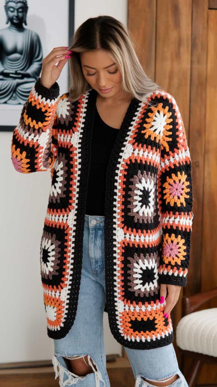 19 Hexi Cardigan Crochet Pattern: Enhance Your Skills with Unique Designs 16 a woman wearing a vibrant multicolored c Bg7AoLIRRIKwTHFxipzL9Q OGWP1p eT5O Nu8nVMGjWw