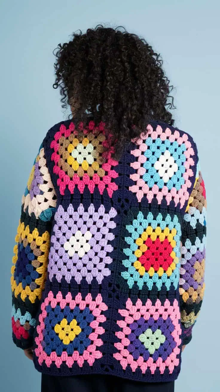 19 Hexi Cardigan Crochet Pattern: Enhance Your Skills with Unique Designs 22 the back of a person wearing a vibrant m BwyqPGP1Tce7OGrMDq5E Q dc7oT6e3Tmi5KtUaG F kA