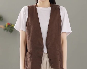 Autumn Solid Coffee Linen Women's Vest