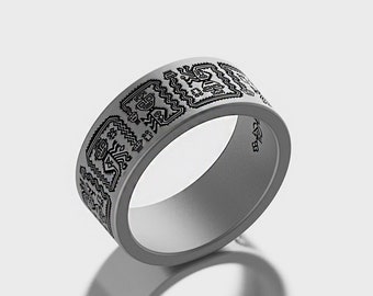 Aztec Mayan Pattern Men's Wedding Band Ring