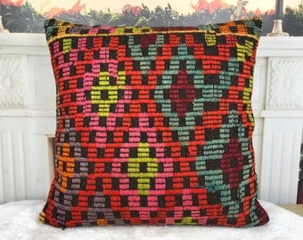 Vintage Boho Kilim Embroidered Floor Cushion, 24x24