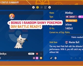 Shiny 6IV Mimikyu Pokemon with MasterBall Bonus