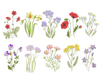 Floral Embroidery Patterns: Daffodil, Poppy & Wildflower Bundle