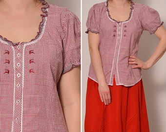 Checkered Bavarian Blouse with Deer Embroidery
