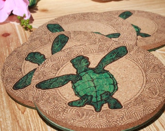 Hand-Painted Beach-Themed Sea Turtle Coaster Set