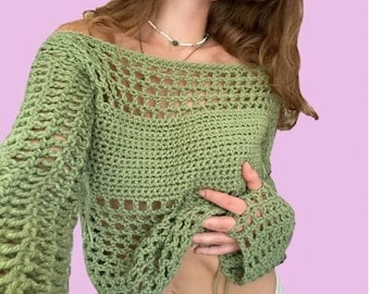 Chic Off-Shoulder, Block Pattern Crochet Sweater