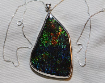 Huge Ammolite Pendant Necklace with Silver Chain