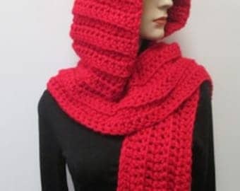 Chunky Red Crochet Scoodie: Woman's Hooded Scarf