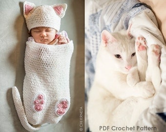 Crochet Pattern for Baby Cat Cocoon Set