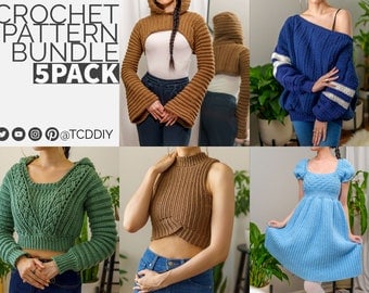 Crochet Pattern Bundle: Sweaters, Vests, Dress & Hoodies