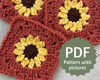 Easy Sunflower Crochet Granny Square Pattern PDF