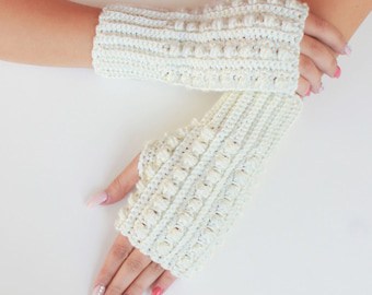 Pearl Fingerless Crochet Gloves Pattern (S-M-L)