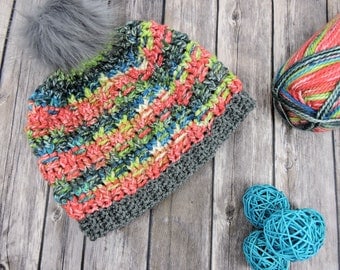Easy Crochet Slouchy Beanie Pattern with Pom Pom