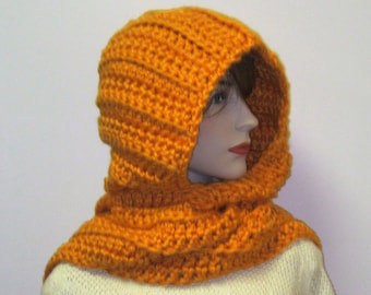 Apricot Hooded Crochet Scarf with Chunky Yarn