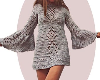 70s Bell Sleeve Boho Crochet Dress Pattern