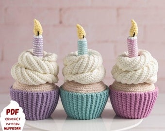Crocheted Birthday Cupcake Food Pattern, Amigurumi Style