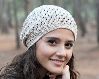 Boho Tan Crochet Hat: Bamboo-Cotton Blend