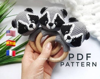 Raccoon Crochet Baby Rattle Pattern: Multilingual PDF