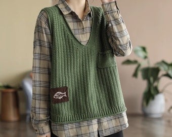 Green Embroidered Loose-Sweater Vest for Women
