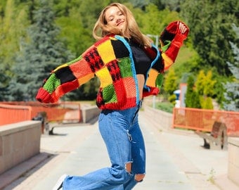 Oversized Patchwork Cardigan Sweater with Free Bag